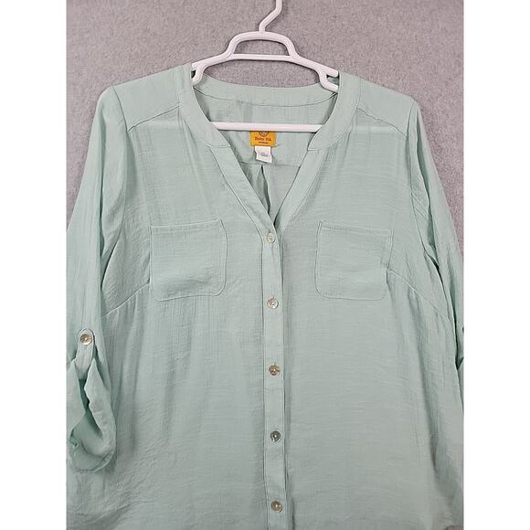 Ruby Rd Pale Green RTS V Neck Semi Sheer Guazy Button Up Shirt Women's Plus 1X - Picture 2 of 11